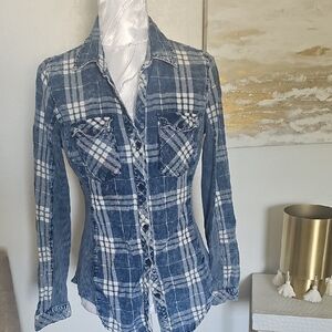 Ci Sono Blue and White Plaid Button Down Shirt